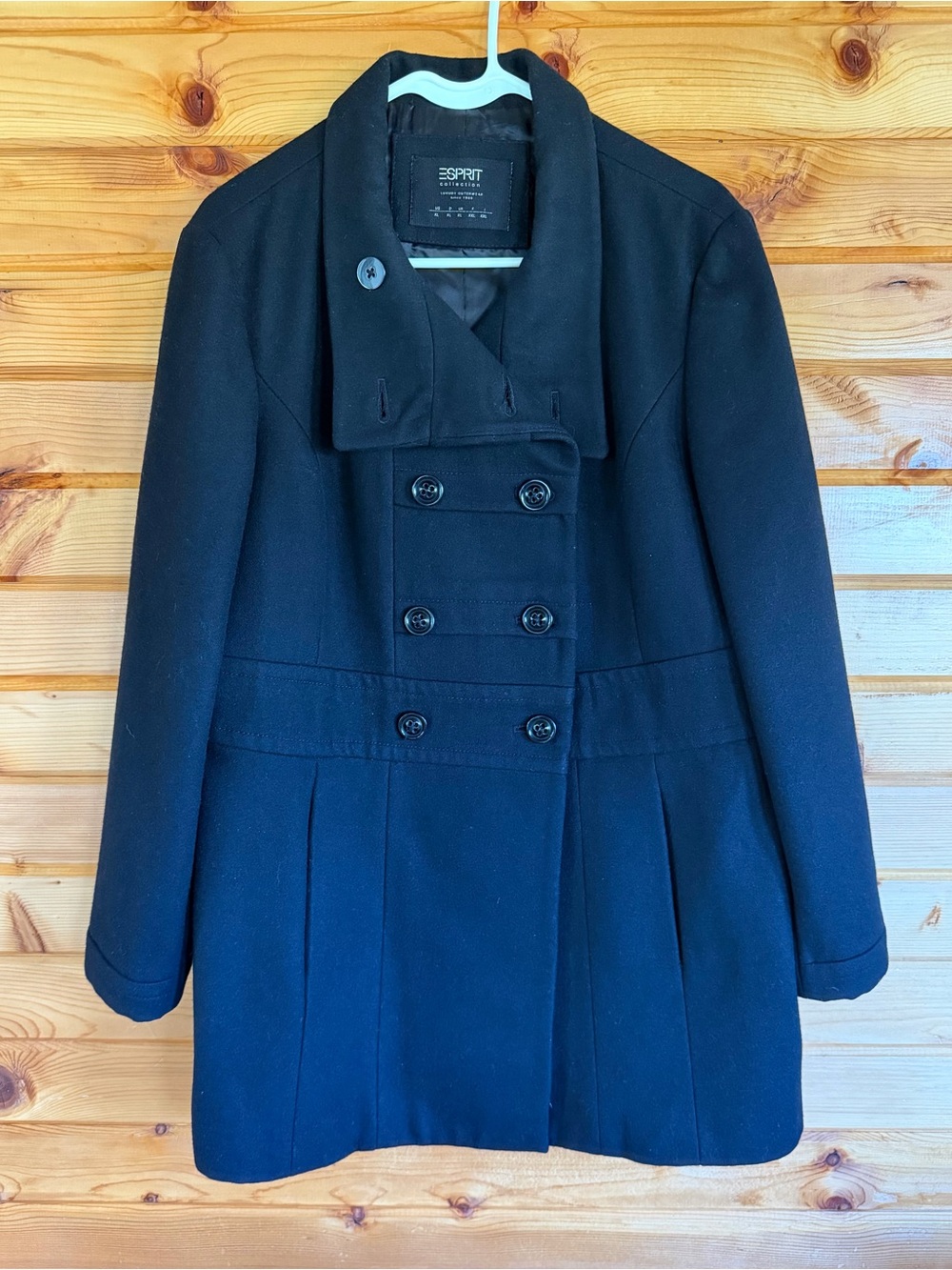Esprit Black Double-Breasted Pea Coat with Wide Collar